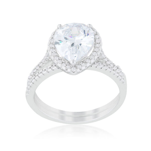 Bridal halo pear ring with cubic zirconia, a prong setting, and 9 Mm X 6 Mm stone size.