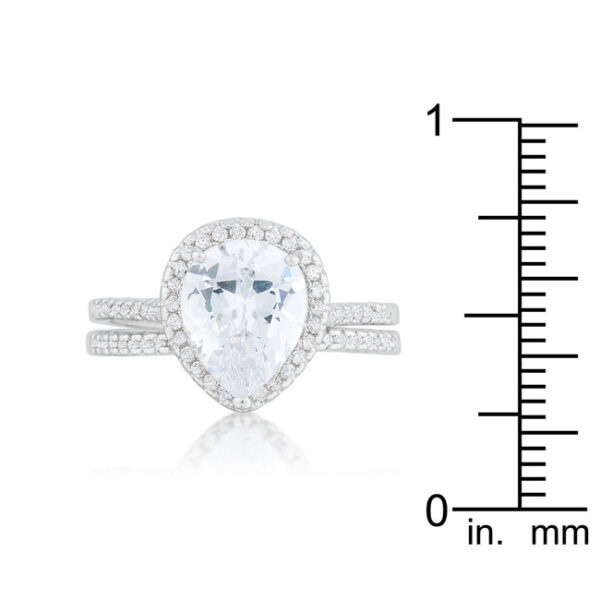 Pear cut cubic zirconia engagement ring with 3 ct total stone weight and a prong setting.