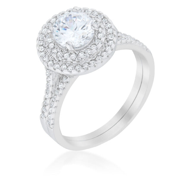 Round ring with clear cubic zirconia in prongs, rhodium plated over lead free alloy (brass).