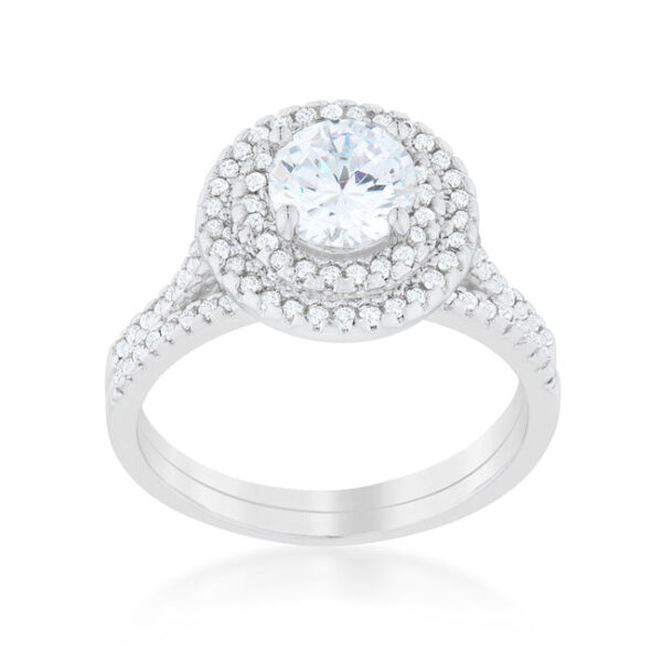 Clear round cubic zirconia wedding ring set in prongs, rhodium plated over lead free alloy (brass).