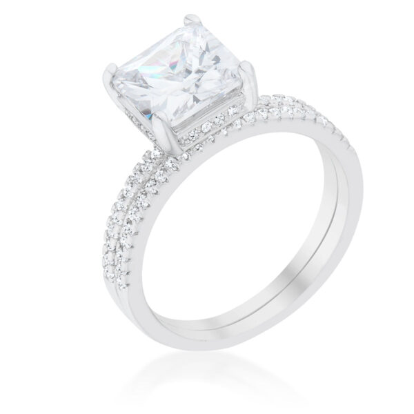 Clear genuine princess-cut cubic zirconia wedding set ring in rhodium plated over lead free alloy (brass).