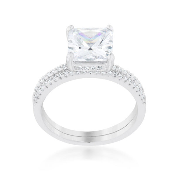 Princess-cut clear genuine cubic zirconia ring with prong settings and rhodium plated over lead free alloy (brass).