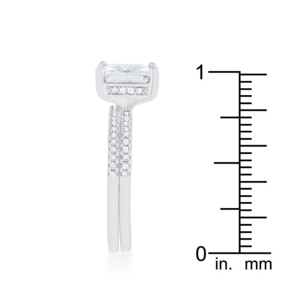 Clear princess-cut cubic zirconia anniversary ring in rhodium plated over lead free alloy (brass).