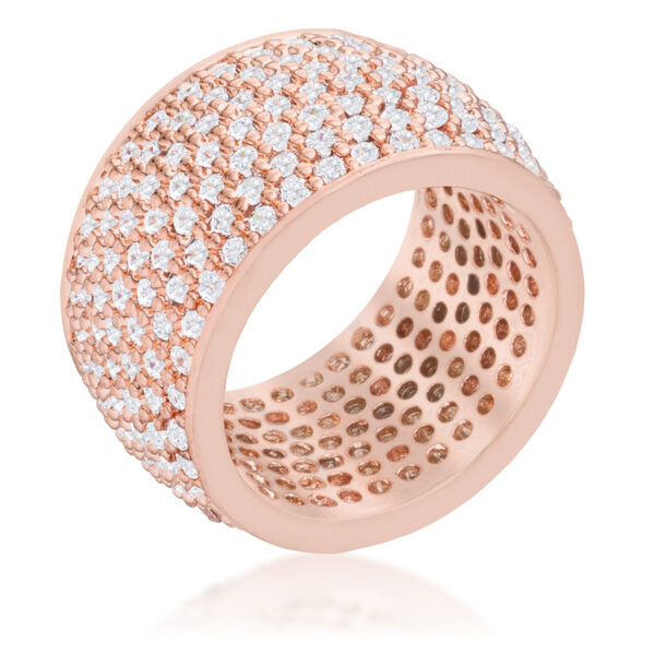 Wide pave band ring with white round cubic zirconia in prong settings and 3 ct total stone weight.