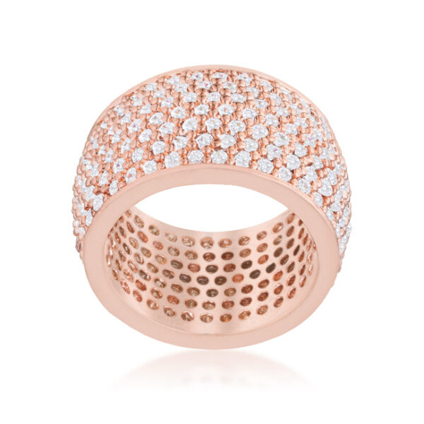 Classic wide pave band ring with white round cubic zirconia held in prong settings.