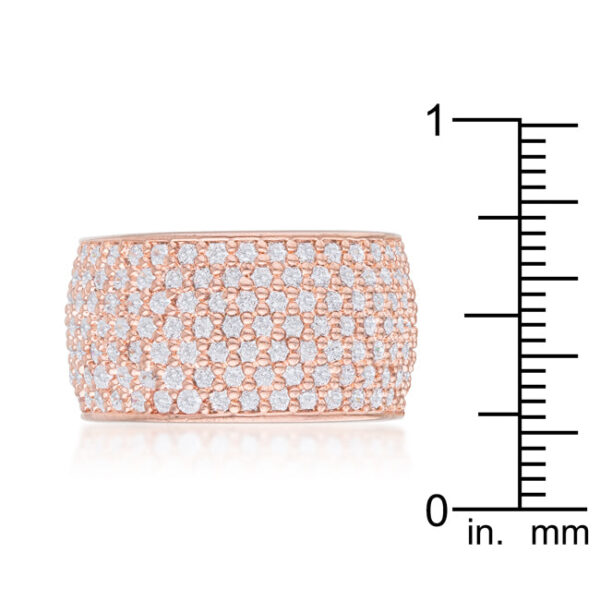 White round cubic zirconia band ring with a wide pave design and 3 ct total stone weight.