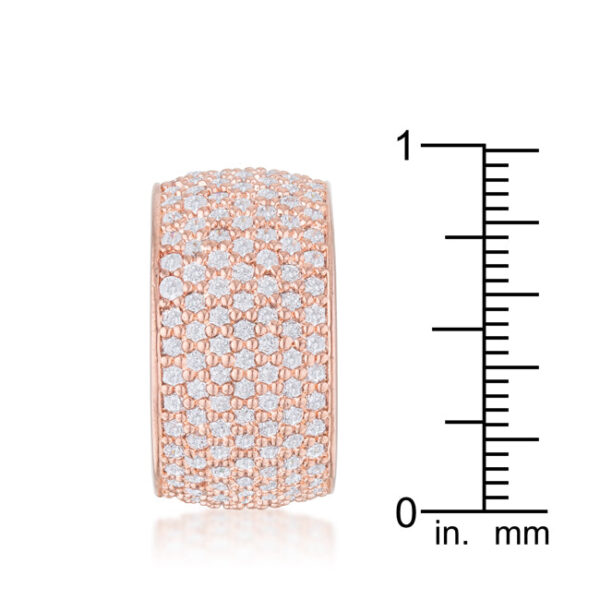 Rosegold plated over lead free alloy (brass) wide pave band ring with white round cubic zirconia.