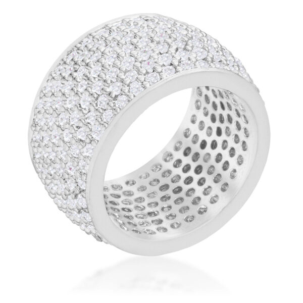 Wide pave band ring with white round cubic zirconia in prong settings, 3 ct total stone weight, and silver tone over lead free alloy (brass).
