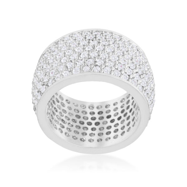 Classic wide pave band ring in silver tone over lead free alloy (brass), set with white round cubic zirconia in prong settings.