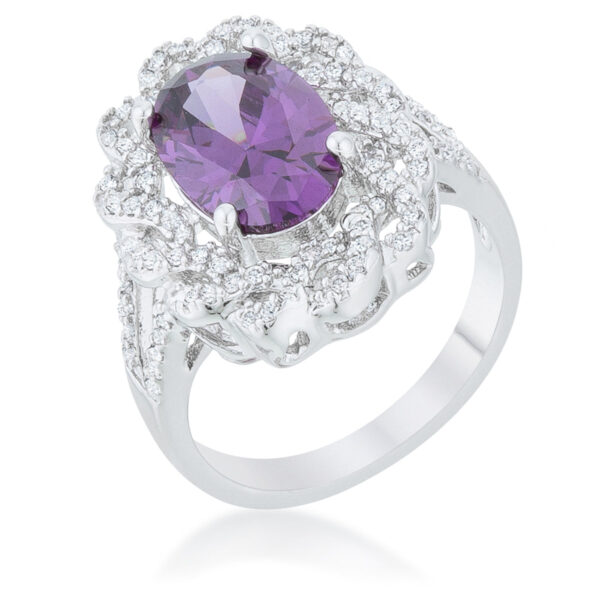 Oval classic ring with round-cut amethyst-colored cubic zirconia in prongs, rhodium plated over lead free alloy (brass).