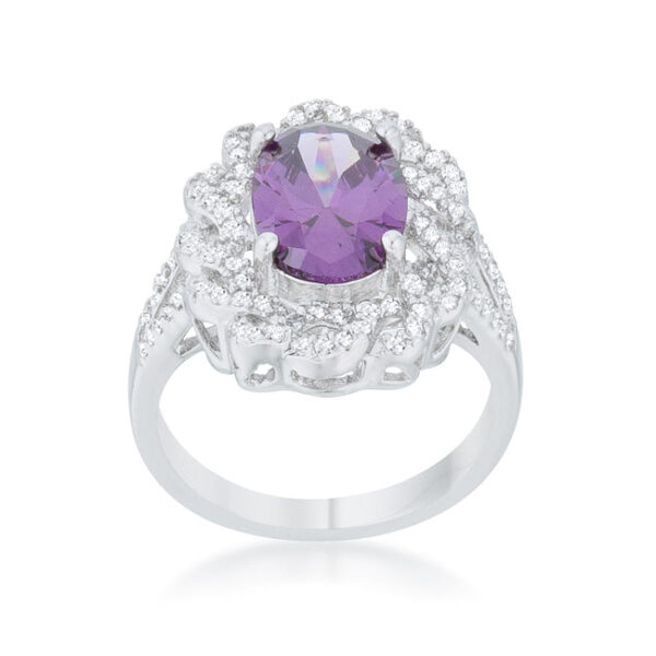 Classic cocktail ring with amethyst-colored round-cut cubic zirconia in prongs and 8.5 ct total stone weight.