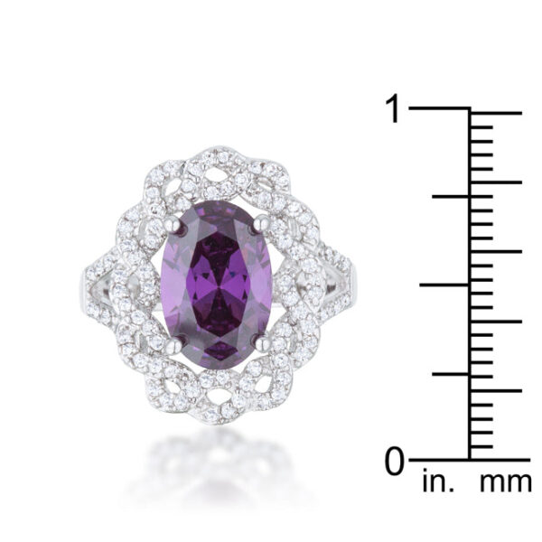 Oval amethyst-colored cubic zirconia ring with a 3 (mm) width, rhodium plated over lead free alloy (brass).