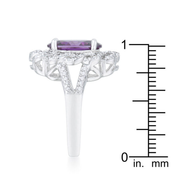 Round-cut amethyst-colored cubic zirconia in prongs on an oval classic cocktail ring.