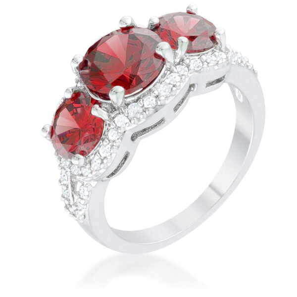 Classic trio ring with garnet-colored cubic zirconia in prongs, rhodium plated over lead free alloy (brass).