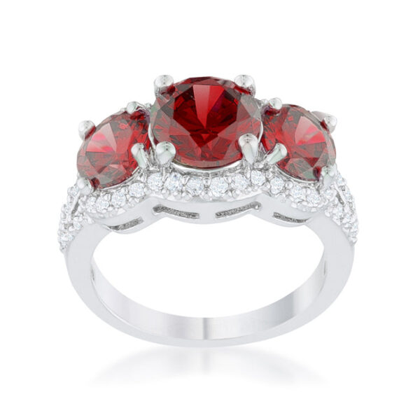 Bridal trio ring with round garnet-colored cubic zirconia in prongs and rhodium plated over lead free alloy (brass).