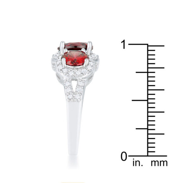Round garnet-colored cubic zirconia in prongs on a classic bridal trio ring, rhodium plated over lead free alloy (brass).