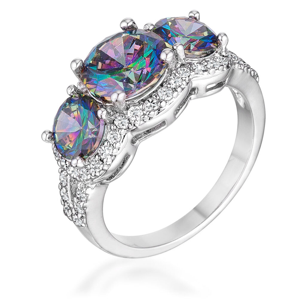 Three-stone ring with round mystic and clear cubic zirconia in prong settings, rhodium plated over lead free alloy (brass).