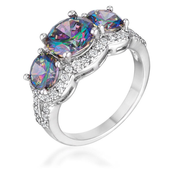 Three-stone ring with round mystic and clear cubic zirconia in prong settings, rhodium plated over lead free alloy (brass).