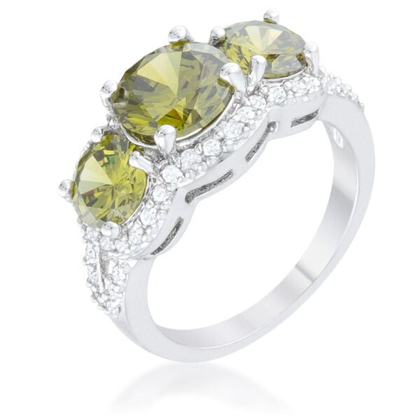 Green radiant-cut cubic zirconia ring in rhodium plated over lead free alloy (brass), with prong settings.