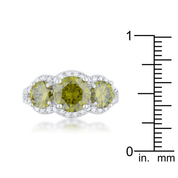 Green cubic zirconia ring, rhodium plated over lead free alloy (brass), with a 3 (mm) width.