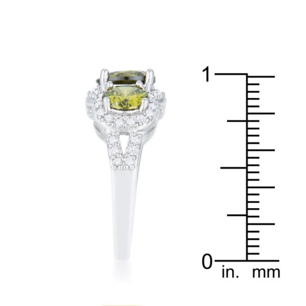 Classic bridal ring with green radiant-cut cubic zirconia held in prong settings.