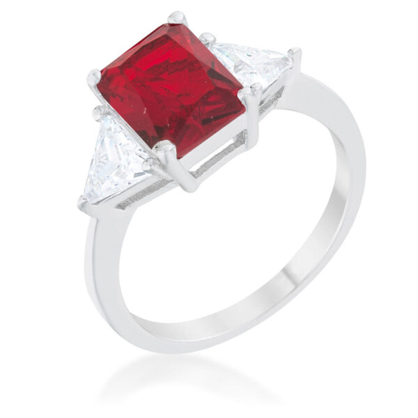 Ruby-colored cubic zirconia trillion-cut bridal ring in rhodium plated over lead free alloy (brass).