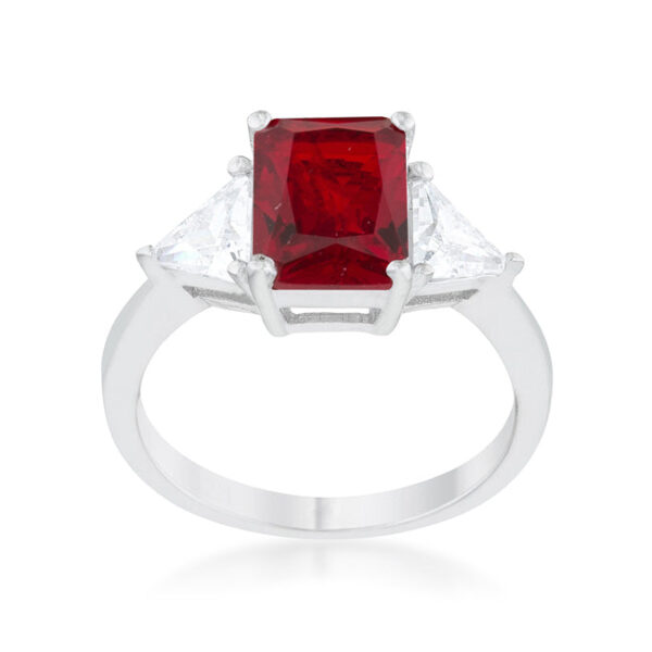 Classic bridal ring with ruby-colored trillion-cut cubic zirconia, 4.5 ct total stone weight, and prongs.