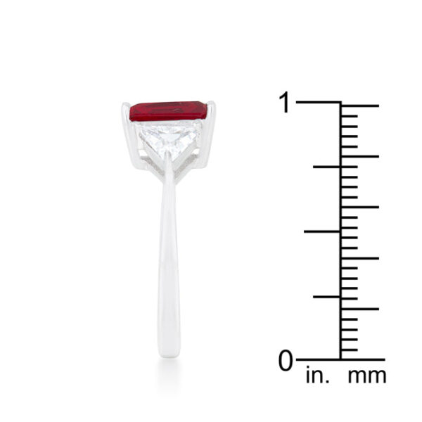 Trillion-cut ruby-colored cubic zirconia ring in rhodium plated over lead free alloy (brass).