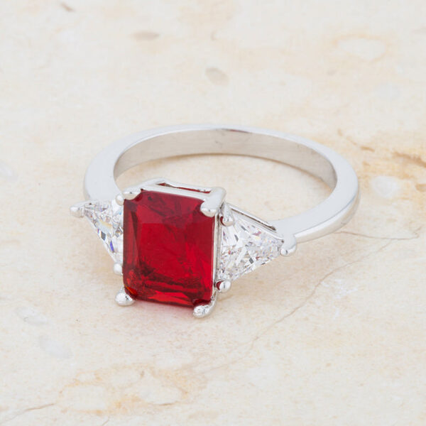 Bridal ring with genuine ruby-colored cubic zirconia held in prongs and 4.5 ct total stone weight.