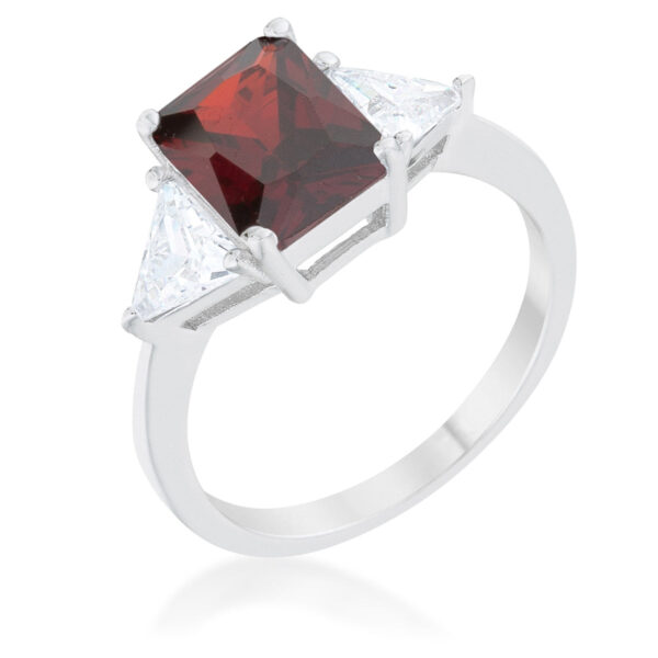 Classic bridal ring with trillion-cut garnet-colored cubic zirconia in prongs, rhodium plated over lead free alloy (brass).