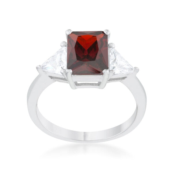 Trillion-cut garnet-colored cubic zirconia prong-set ring, rhodium plated over lead free alloy (brass).