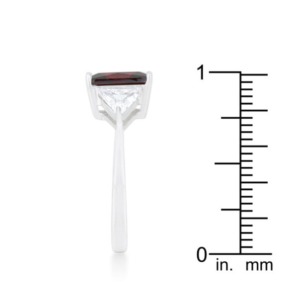 Garnet-colored cubic zirconia in a trillion cut and prong setting, rhodium plated over lead free alloy (brass).