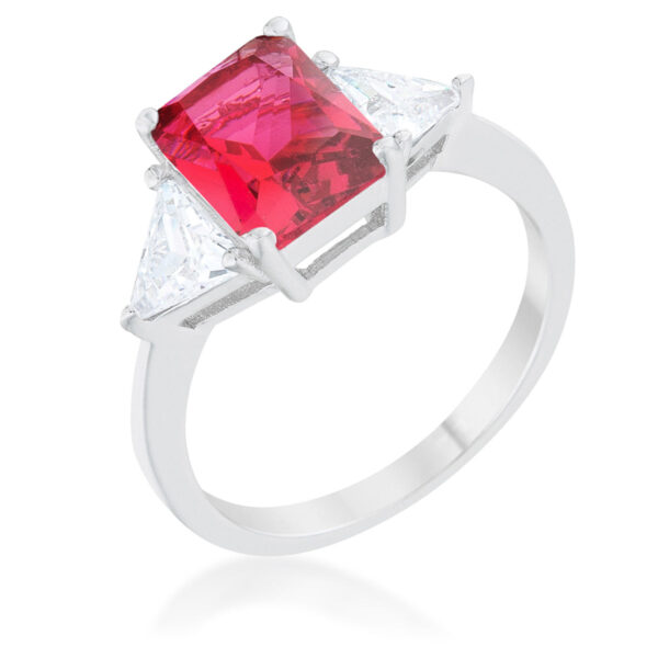 Fuchsia cubic zirconia trillion cut bridal ring in rhodium plated over lead free alloy (brass).