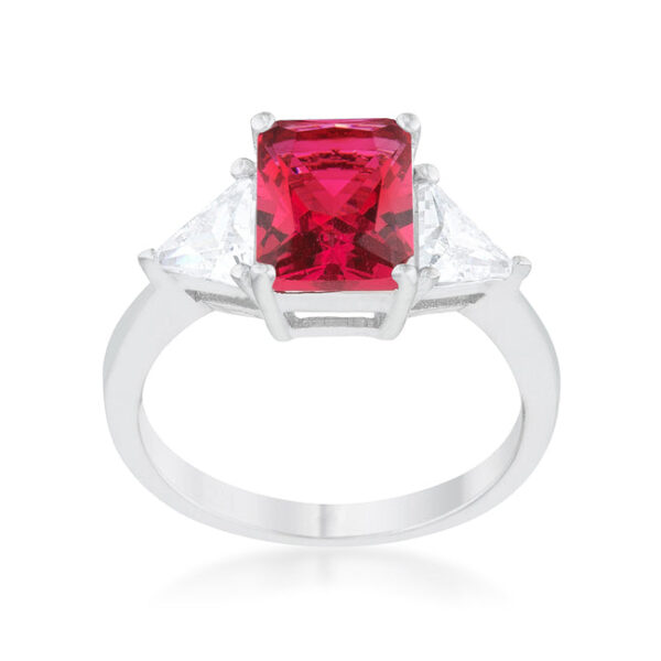 Fuchsia trillion cut cubic zirconia ring with prong settings and rhodium plated over lead free alloy (brass).