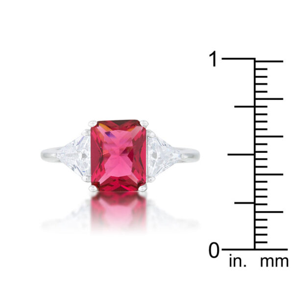 Classic bridal ring with fuchsia cubic zirconia, 4.5 ct total stone weight, and rhodium plated over lead free alloy (brass).