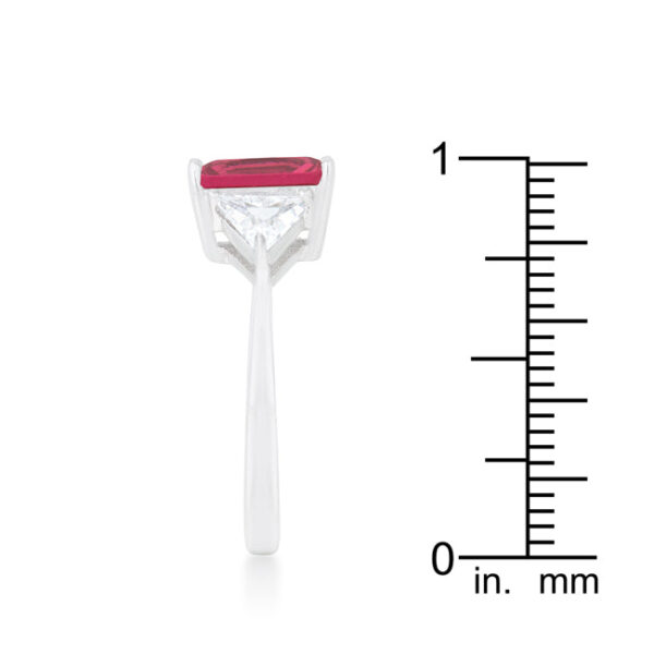 Fuchsia cubic zirconia in prong settings on a rhodium plated over lead free alloy (brass) ring.