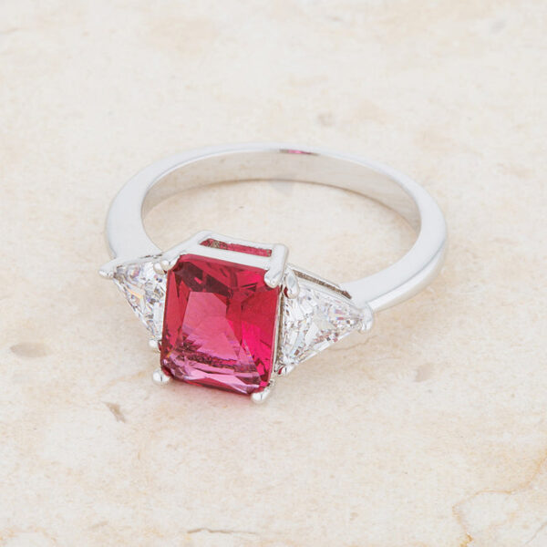 Trillion cut fuchsia cubic zirconia bridal ring, rhodium plated over lead free alloy (brass), with a 2.2mm width.