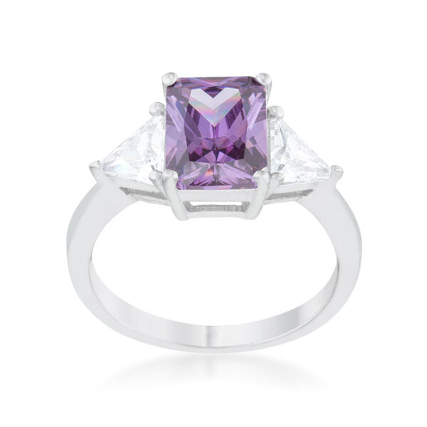 Trillion-cut amethyst-colored cubic zirconia ring with prongs and rhodium plated over lead free alloy (brass)
