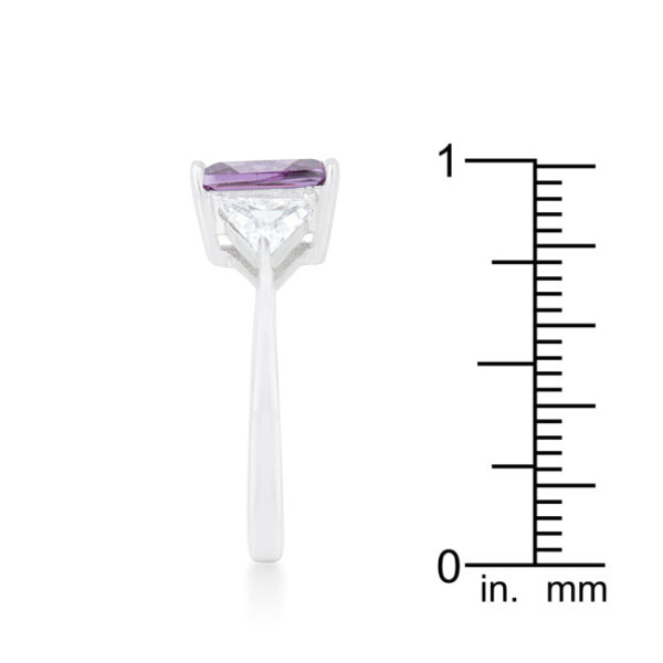 Prong-set, trillion-cut amethyst-colored cubic zirconia on rhodium plated over lead free alloy (brass) ring