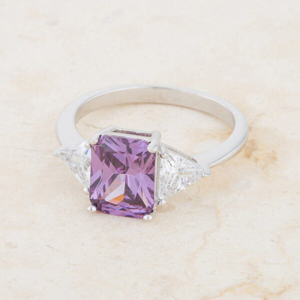 Classic bridal ring with amethyst-colored cubic zirconia, prongs, and rhodium plated over lead free alloy (brass)