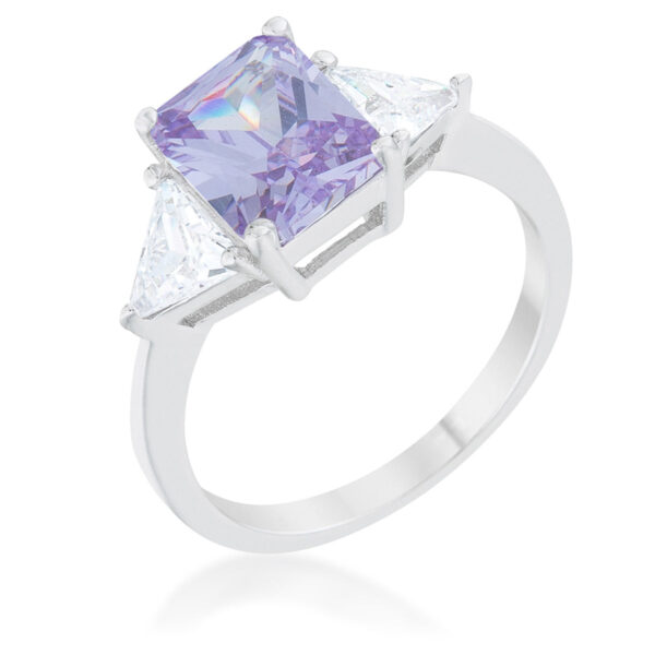 Lavender and white trillion-cut cubic zirconia engagement ring in rhodium plated over lead free alloy (brass).