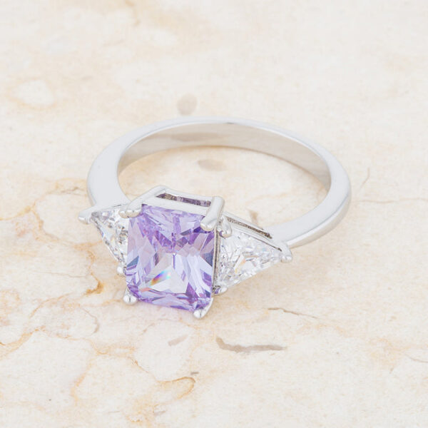 Classic lavender and white engagement ring in rhodium plated over lead free alloy (brass).