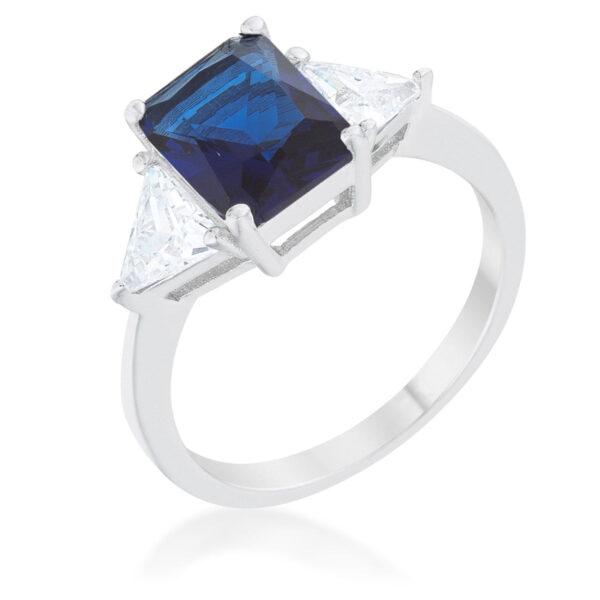Classic bridal ring with a 9mm trillion-cut genuine sapphire-colored cubic zirconia in prongs and rhodium plated over lead free alloy (brass).