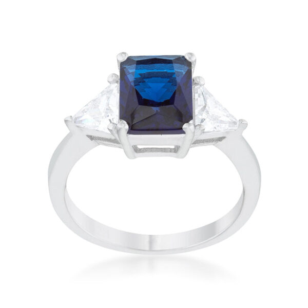 Rhodium plated over lead free alloy (brass) classic bridal ring with a 2.2mm width and genuine sapphire-colored cubic zirconia in prongs.