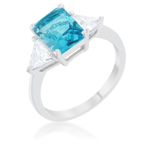 Blue topaz-colored cubic zirconia engagement ring with trillion-cut cubic zirconia in prongs, rhodium plated over lead free alloy (brass).