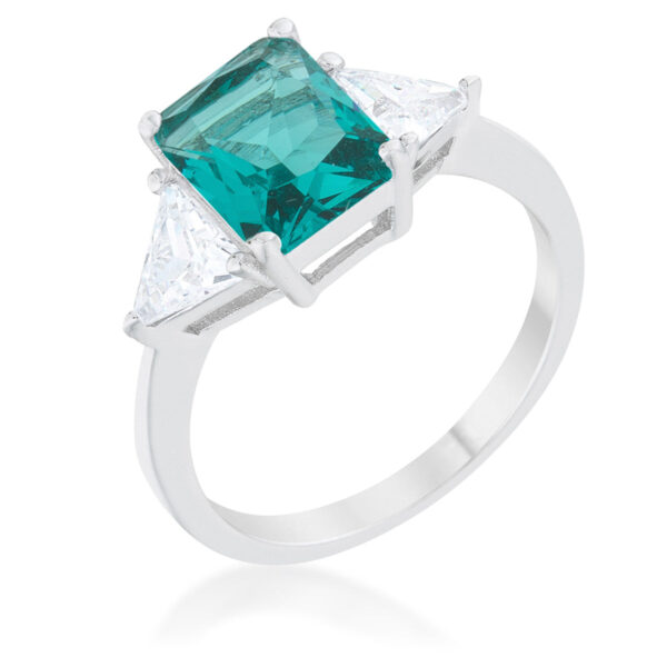 Aqua trillion-cut cubic zirconia engagement ring in rhodium plated over lead free alloy (brass)