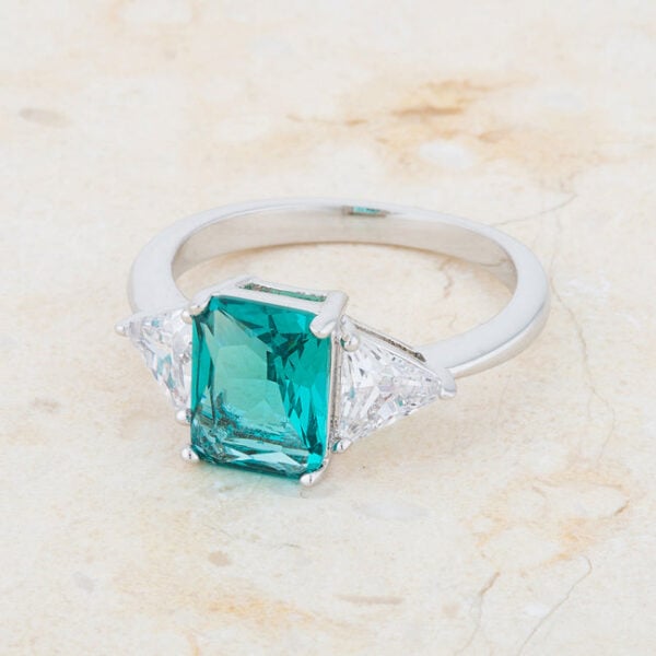 Aqua cubic zirconia engagement ring in rhodium plated over lead free alloy (brass)