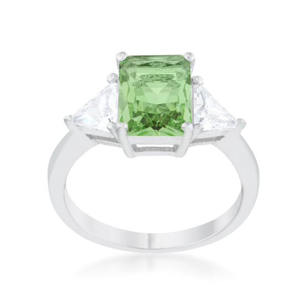 Green cubic zirconia ring with prong settings and rhodium plated over lead free alloy (brass).