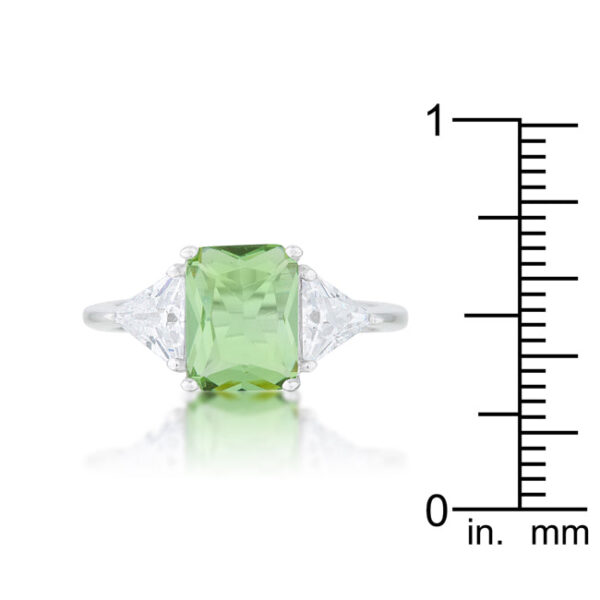 Green, 9mm trillion-cut cubic zirconia in prong settings on a rhodium plated over lead free alloy (brass) ring.