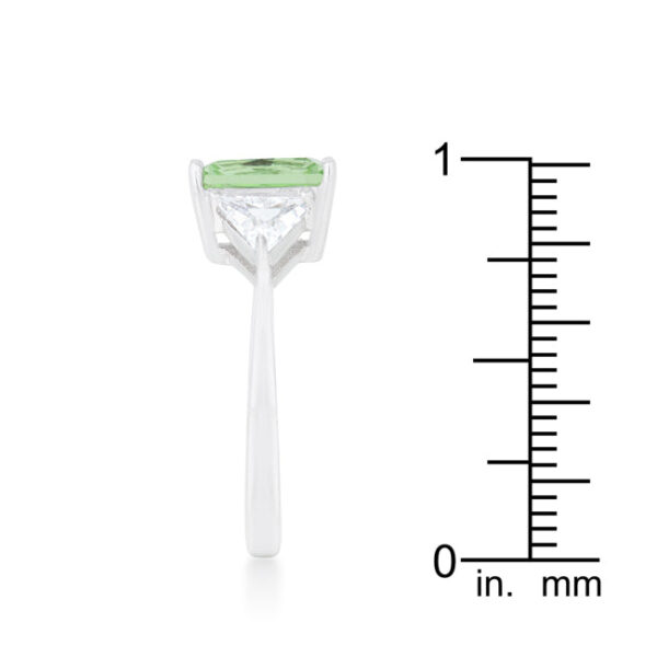 Rhodium plated over lead free alloy (brass) ring with green trillion-cut cubic zirconia and a 2.2mm width.